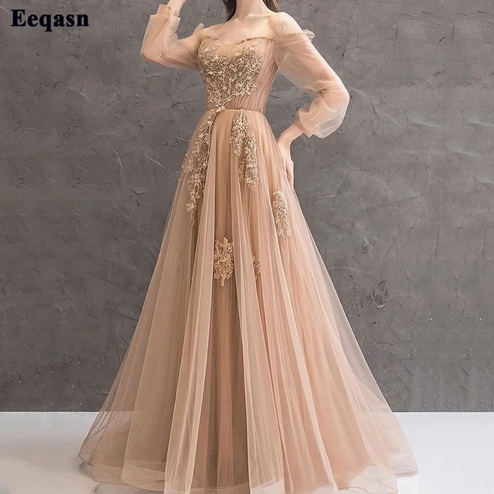 

Eeqasn Dark Champagne Appliques Lace Prom Dresses Formal Women Evening Party Dress A Line Long Sleeves Special Occasion Gowns