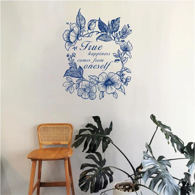 

Removable Creative Blue Flower English Slogan Wall Sticker For Livingroom Home Wall Background Decoration Self-Adhesive