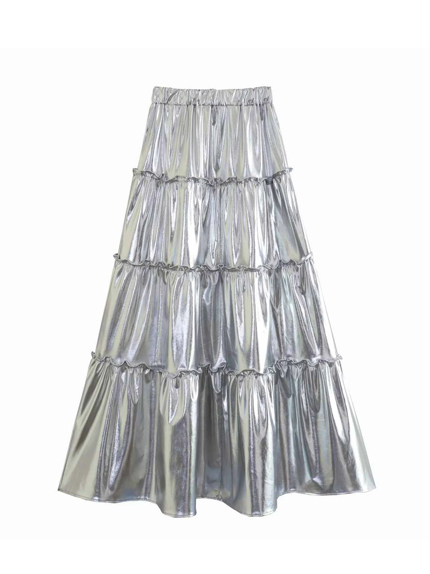 

Women Silver Mid Long A-line Skirt Harajuku Y2k Gyaru Skirts 90s Aesthetic Vintage Punk Skirt 2000s Fashion Clothes 2025 Autumn