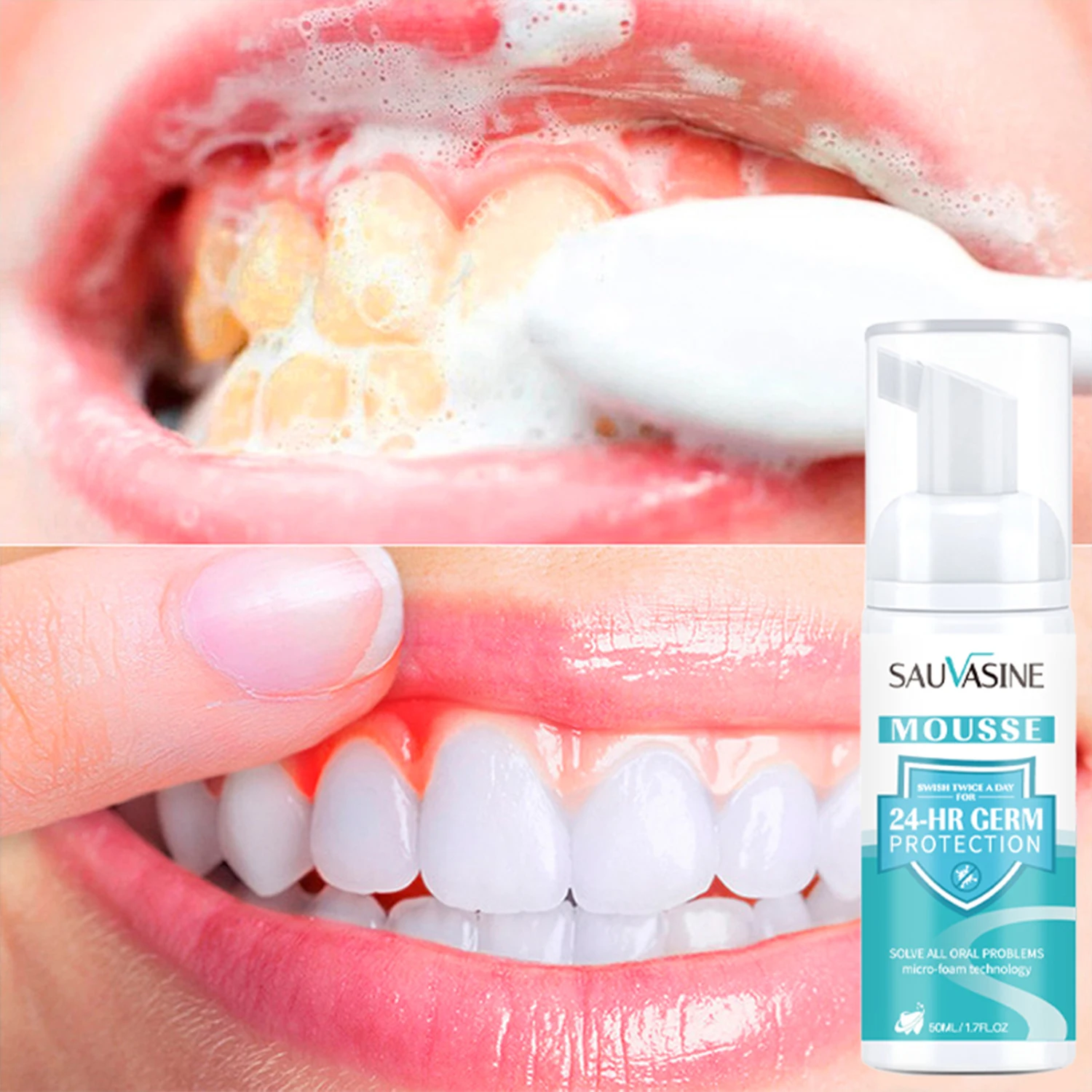 Dentes Whitening Mousse para limpeza profunda da boca, Refresca a respiração, remove os dentes amarelos, placa de dente mancha, reparação gengival, cárie