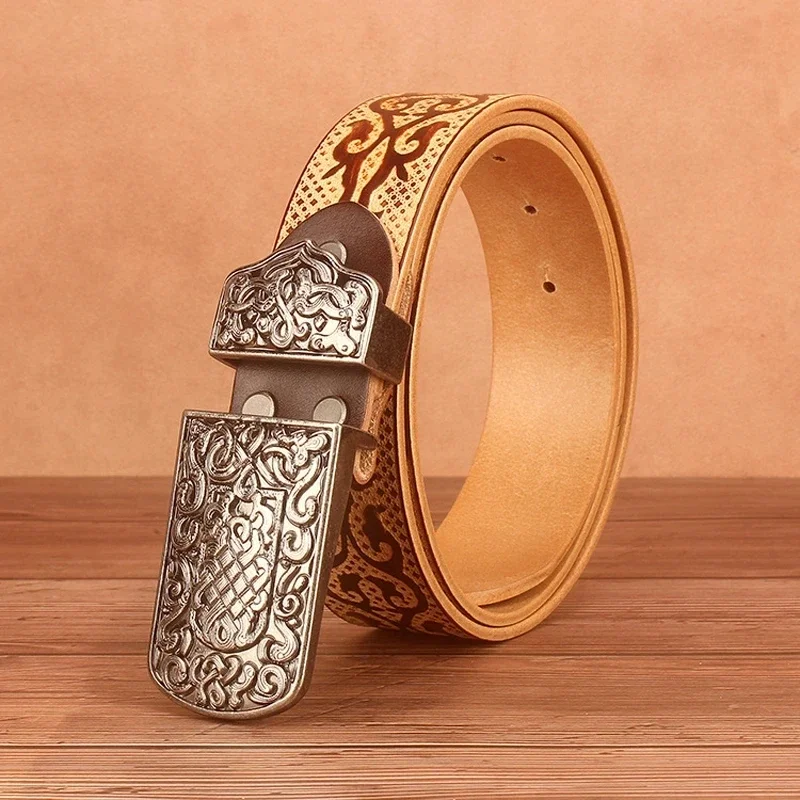 

3.8CM High Quality Men Design Carving Style Pattern Strap Embossing Real Cowskin Genuine Leather Male Belt for Jeans