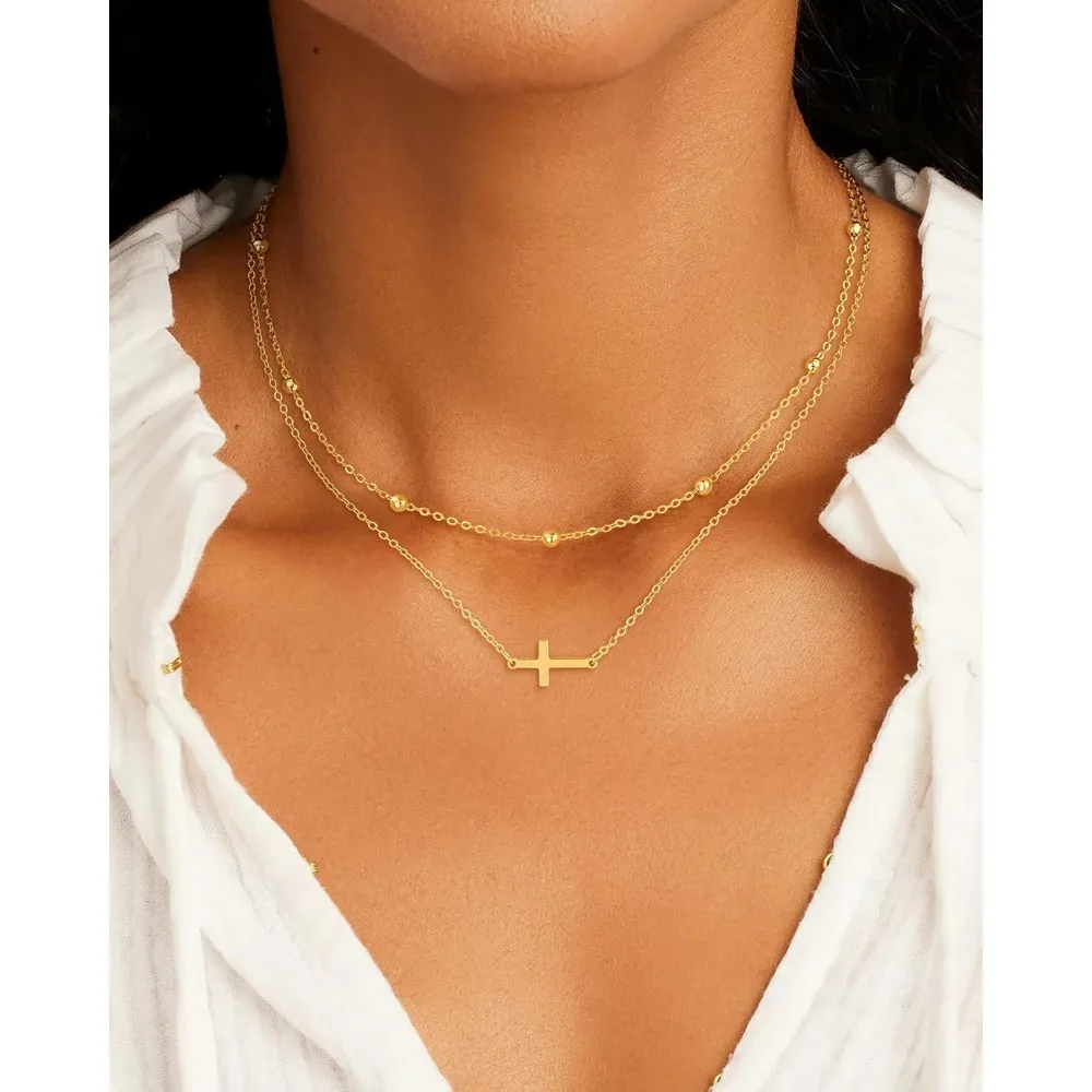 Cross Necklace for Women Dainty 14K Real Silver Gold Plated Layered Cross Pendant Necklace Stack Simple Trendy Cute Charm Choker