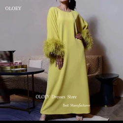 OLOEY Luxury Feathers Straight Evening Dresses Puff Long Sleeves O-Neck Dubai Arabic Women Customised Formal Dress Plus Size