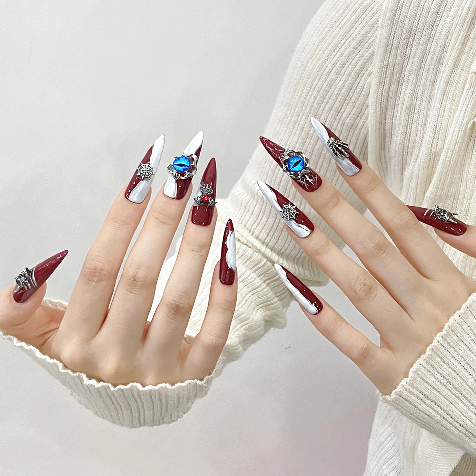 Handmade Punk Style False Nails Red White Metal Night Fork Press On Nail Blue Glossy Diamond Designs Fake Nail For Halloween