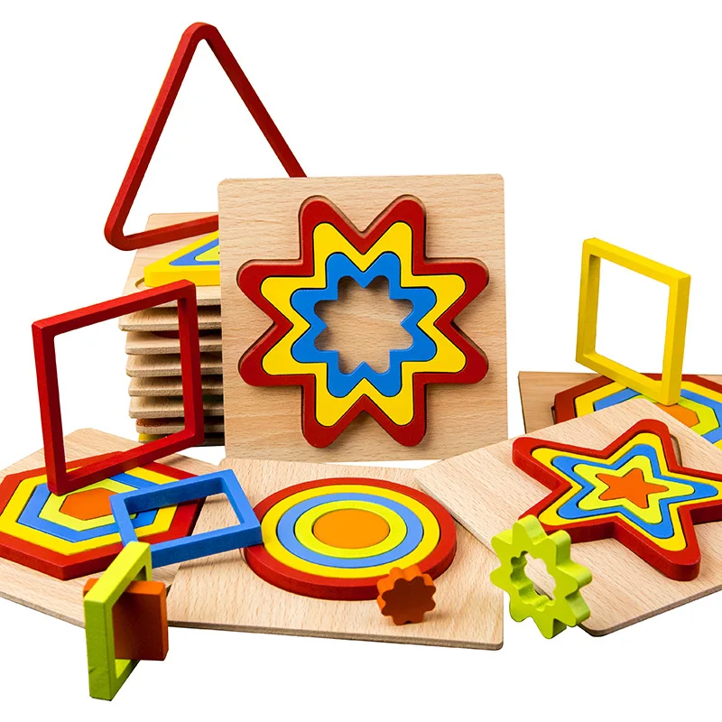 

Montessori Wooden jigsaw Puzzle Geometric Intelligence Shape Pairing Building Block Early Educational Toy For Children Kids Baby