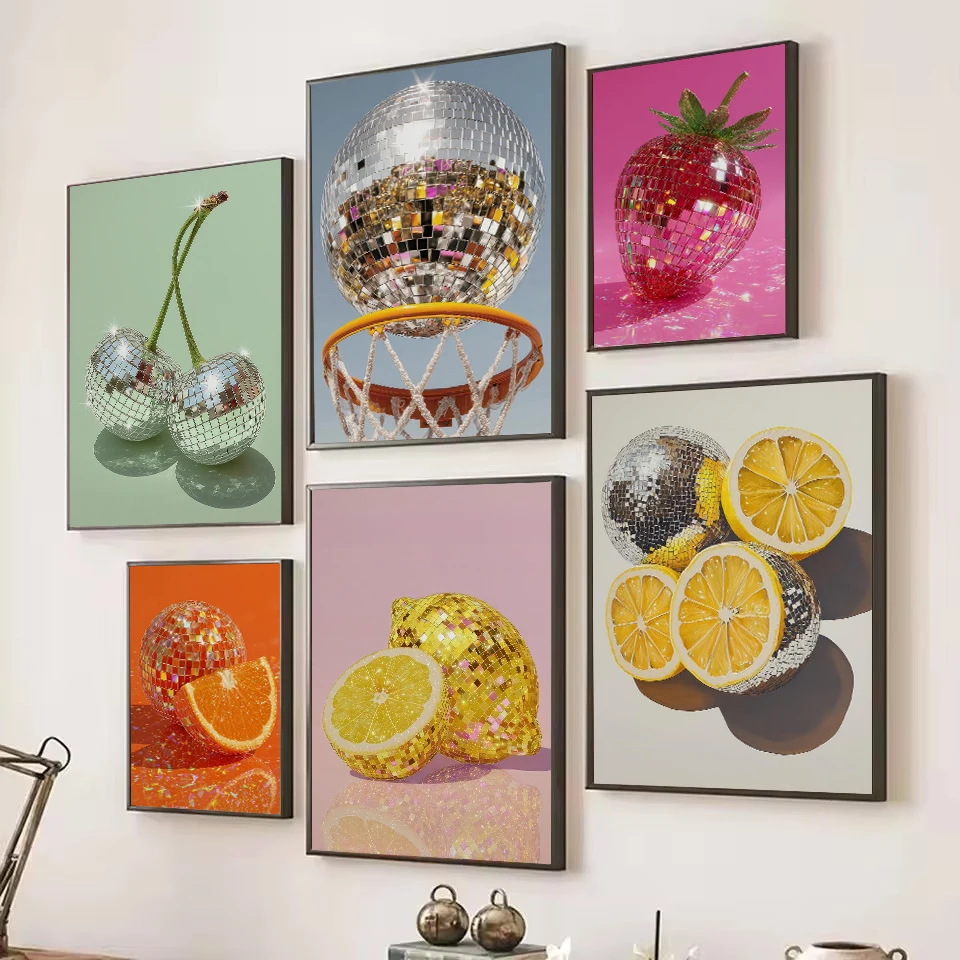 1pc Frameless Surreal Basketball Hoop Mirror Ball Oyster Strawberry Disco Citrus Canvas Poster Wall Art Pictures Home Kitchen De