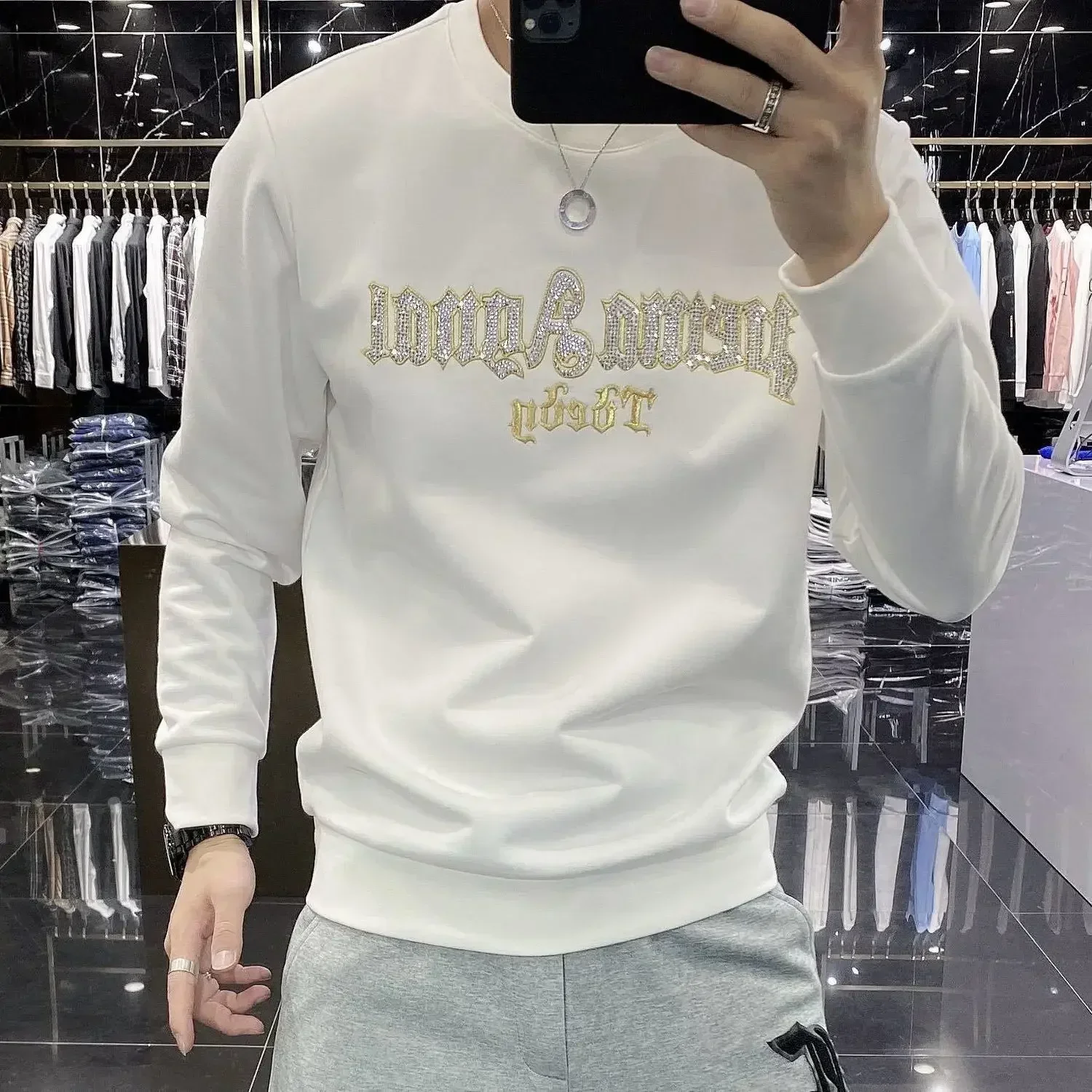 Sweatshirts for Man Top Pullover Men\'s Clothing Hoodieless Yellow New Rock Graphic Diamond Warm Novelty and Korean Style Luxury