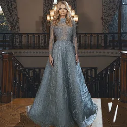 Luxury Embroidery Blue Muslim Evening Ball Gown Elegant Long Sleeve High Neck Beading Illusion Formal Dresses Vestidos Prom