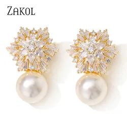 ZAKOL Newest Snowflake Flowers AAA Cubic Zirconia Pearl Drop Earrings for Women Fashion Jewelry Christmas Birthday Gifts EP2917