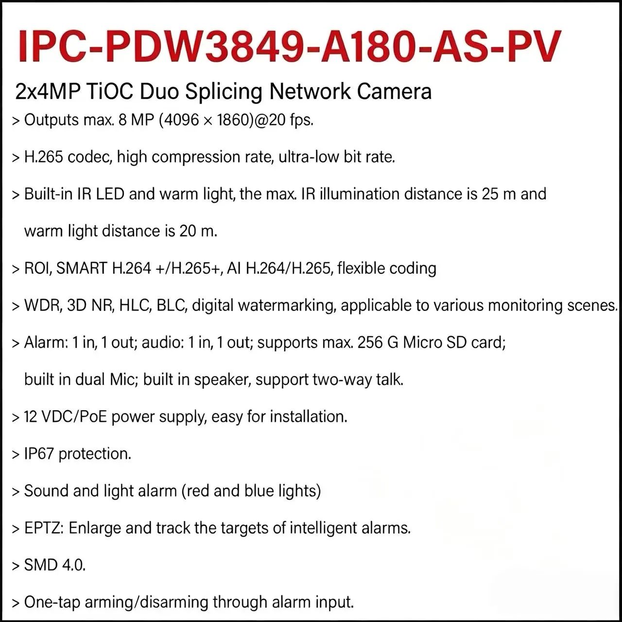 Dahua PDW3849-A180-AS-PV 180° Wide Angle Camera 4K Smart Red & Blue Light Warning Security CCTV Two-way Audio Black Cam SMD 4.0