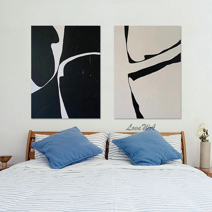 Acrylic Modern Abstract Painting for Living Room, 2 Panel Canvas Art, Black and White, Simple Design Pictures for Home Decor