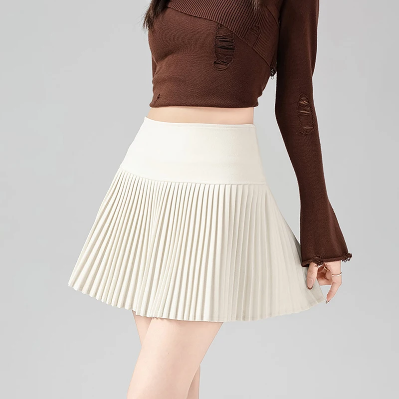 Women Korean Woolen Pleated Skirts Autumn Basic Solid Color High Waist A-Line Short Skirt Elegant College Style Mini Skirts Girl