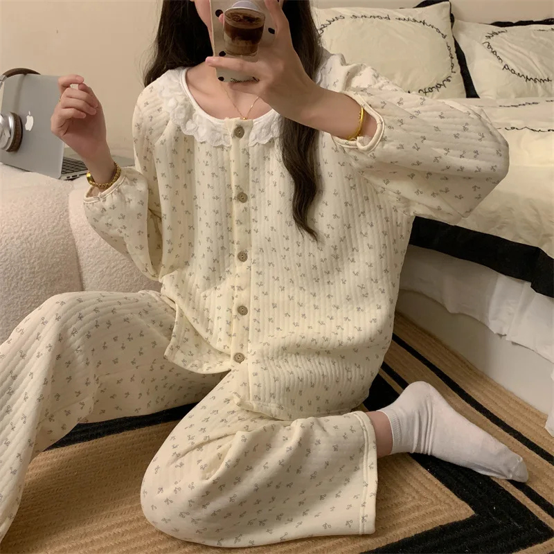 Damespyjama Bloemenvest Verdikt Meisje Homewear Herfst Winter Loungewear Abrikoos Luchtkatoen Ronde hals Nieuwe huiskleding