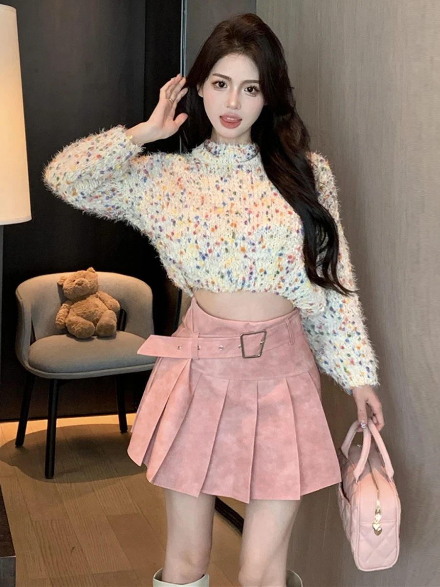  Crochet Short Sweater Top And High Waist Pleated  Skirt Two Piece Set Sweet And Lazy Style Women's Fashion Ensemble