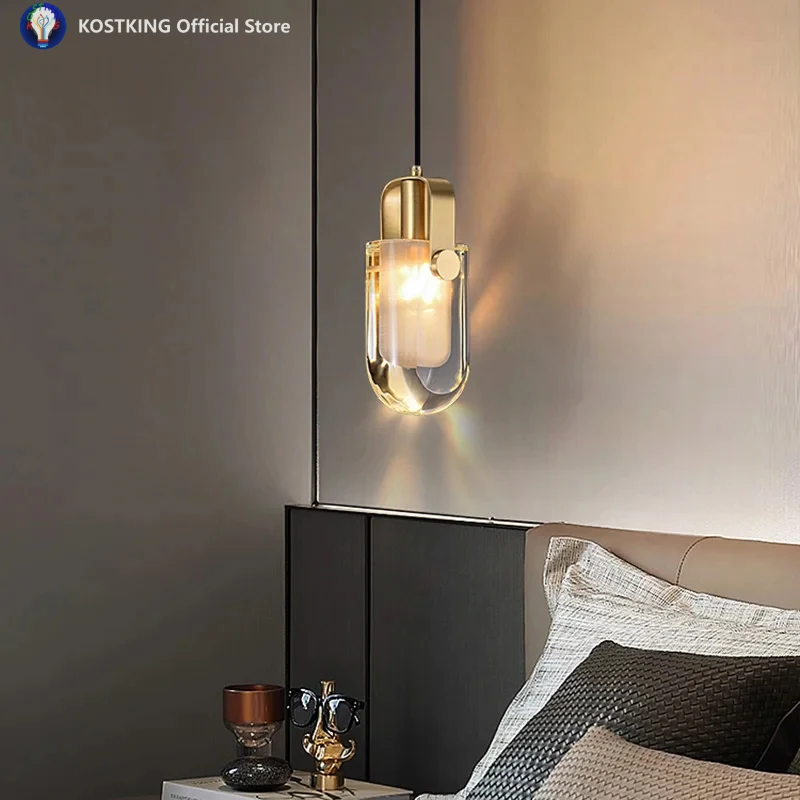 Postmodern Luxury Copper Hanging Lamp Living Room Bedroom Study Porch Staircase Pendant Lighting Simple Crystal Small Chandelier