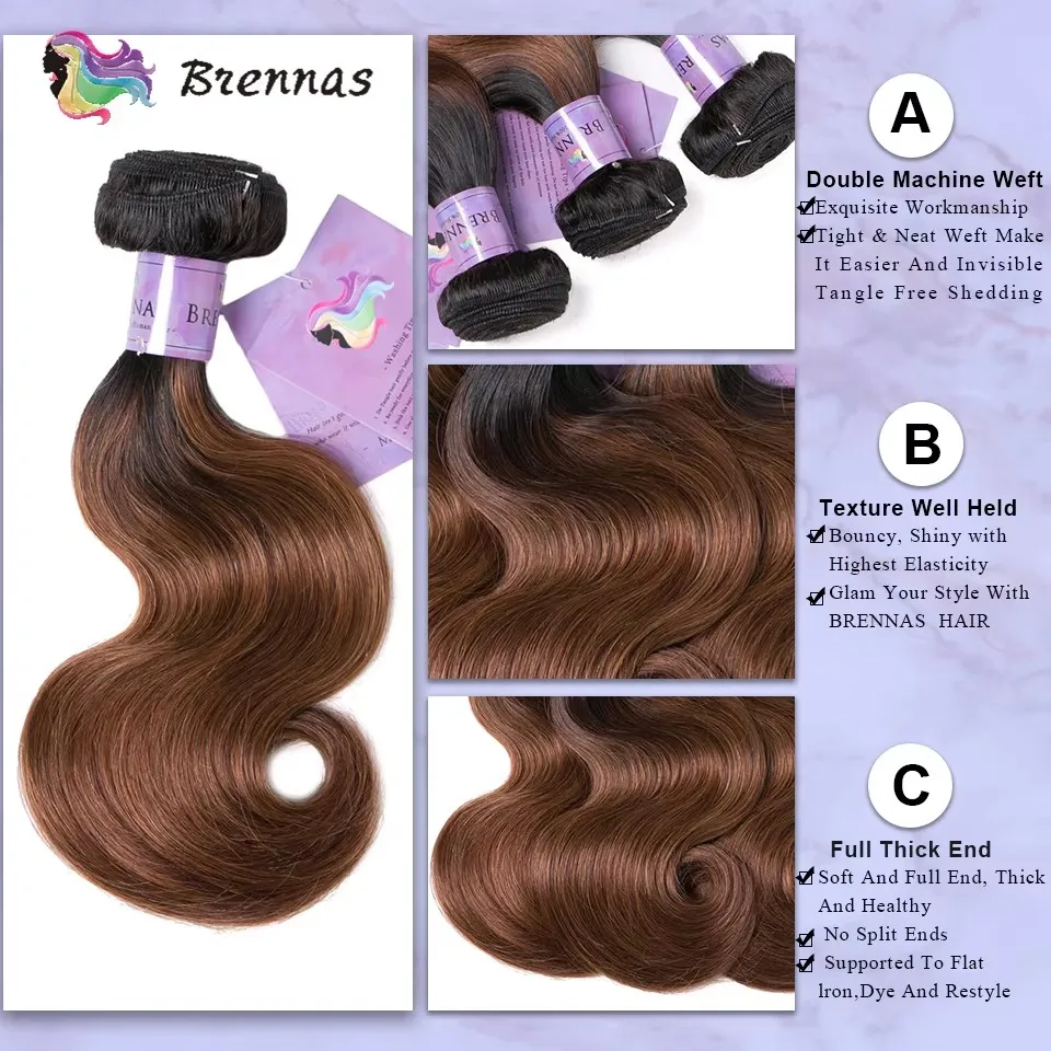 Ombre onda do corpo pacotes de cabelo humano com fechamento tece 1b/30 onda do corpo brasileiro 3 pacotes com fechamento de renda 4x4 para preto