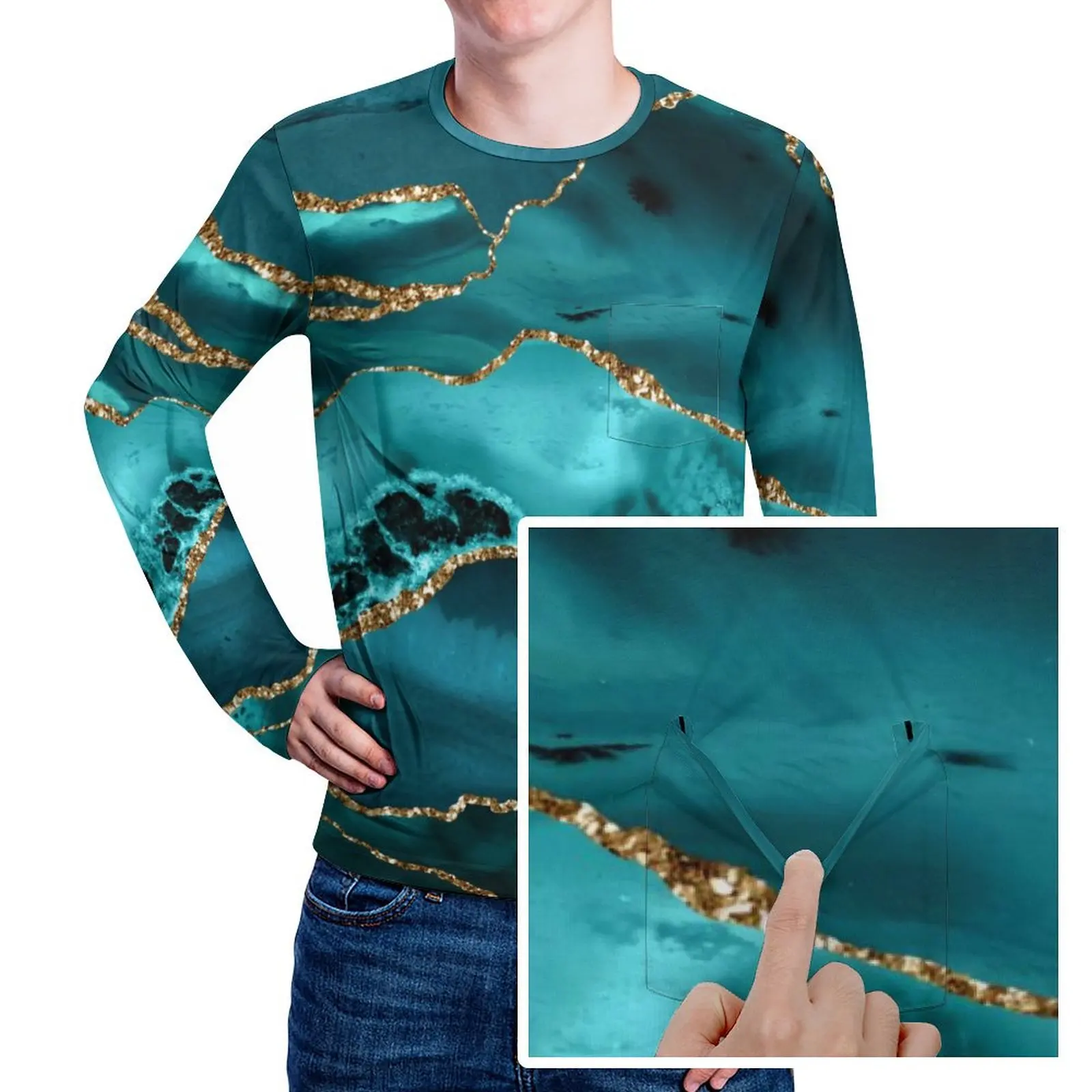 Teal Blue Marble T Shirt Spring Gold Glitter Print Streetwear T Shirts Men Vintage Pattern Tee Shirt Big Size