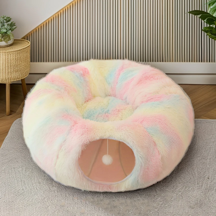 

Custom Cute Colorful Plush Cat Tunnel Bed Durable Comfortable Luxury Multi functional Nest Pet Bed Supplies for Indoor Cats