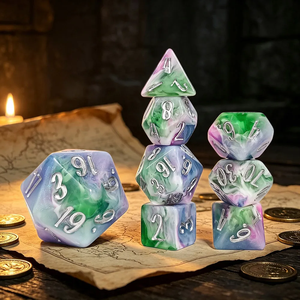 8-teiliges Polyeder-Würfelset aus Kunstharz in Grün-Lila-Farbe für DND RPG Würfel für Dungeons & Dragons MTG Tischrollenspiele