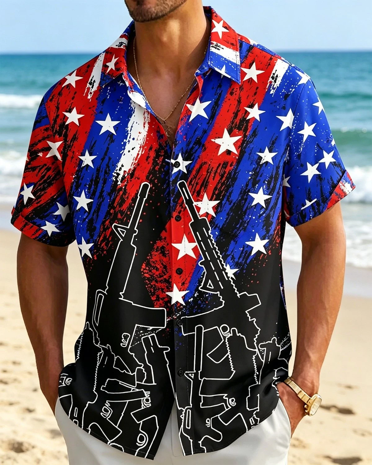 

Summer Men's Festival Patriot American Independence Day Retro Printed Button Hawaiian Shirt New Sports and Leisure T-shirt