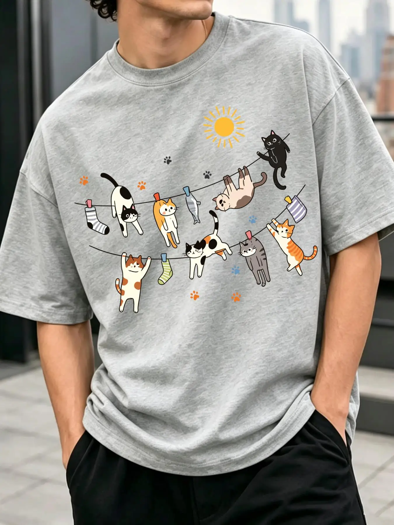 Cats Socks Fish On Clotheslines Print T-Shirt Men'S Summer Crewneck T Shirts Cotton Short Sleeve Oversized Running Streetwear