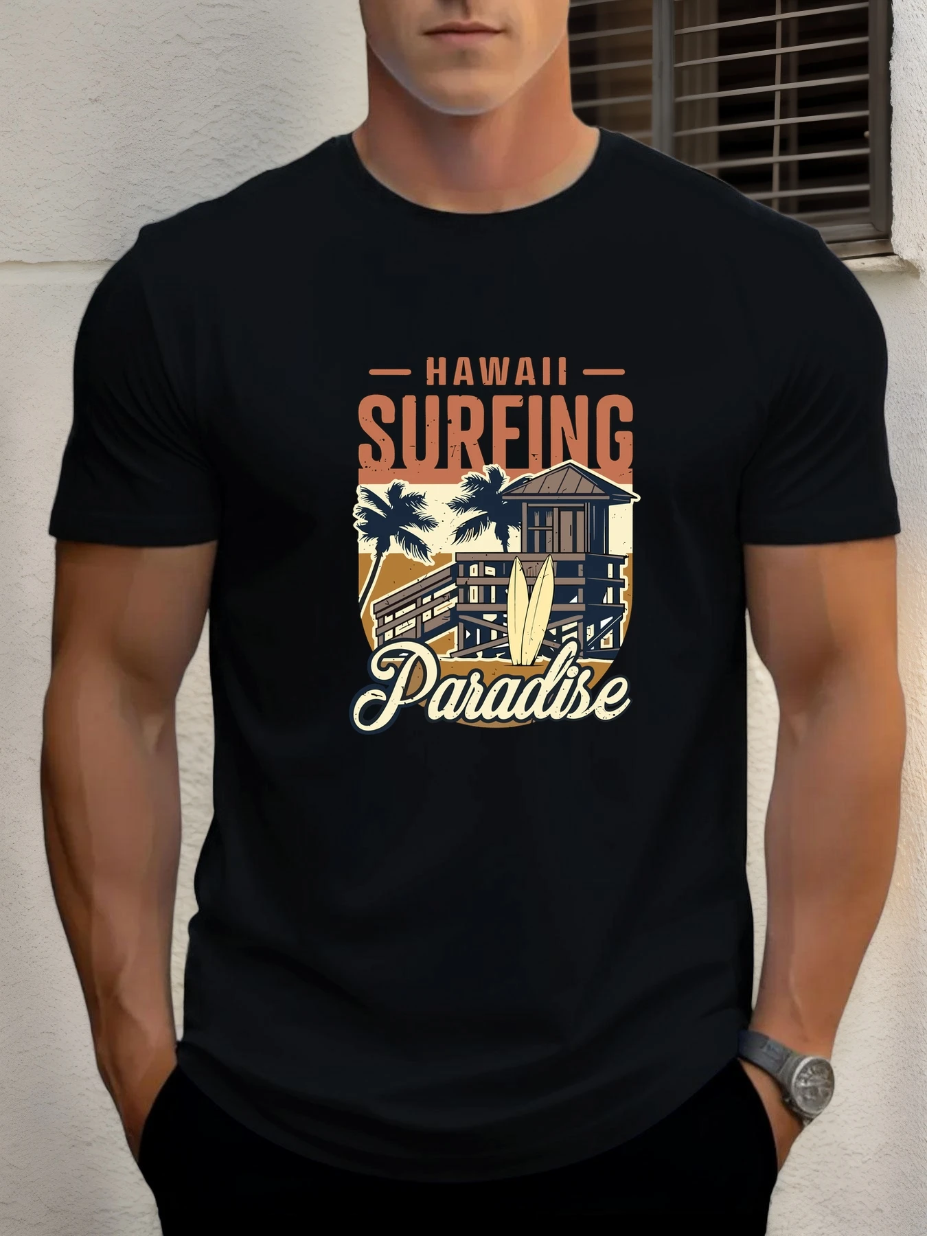 

2025 Summer Men's Cotton T Shirt Hawaii Surf Trendy Print Round Neck T-Shirt Casual Breathable Street Style Daily Top