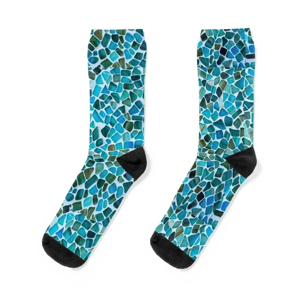 

Blue colors sea glass mosaic art Socks Non-slip funny gift compression man Mens Socks Women's