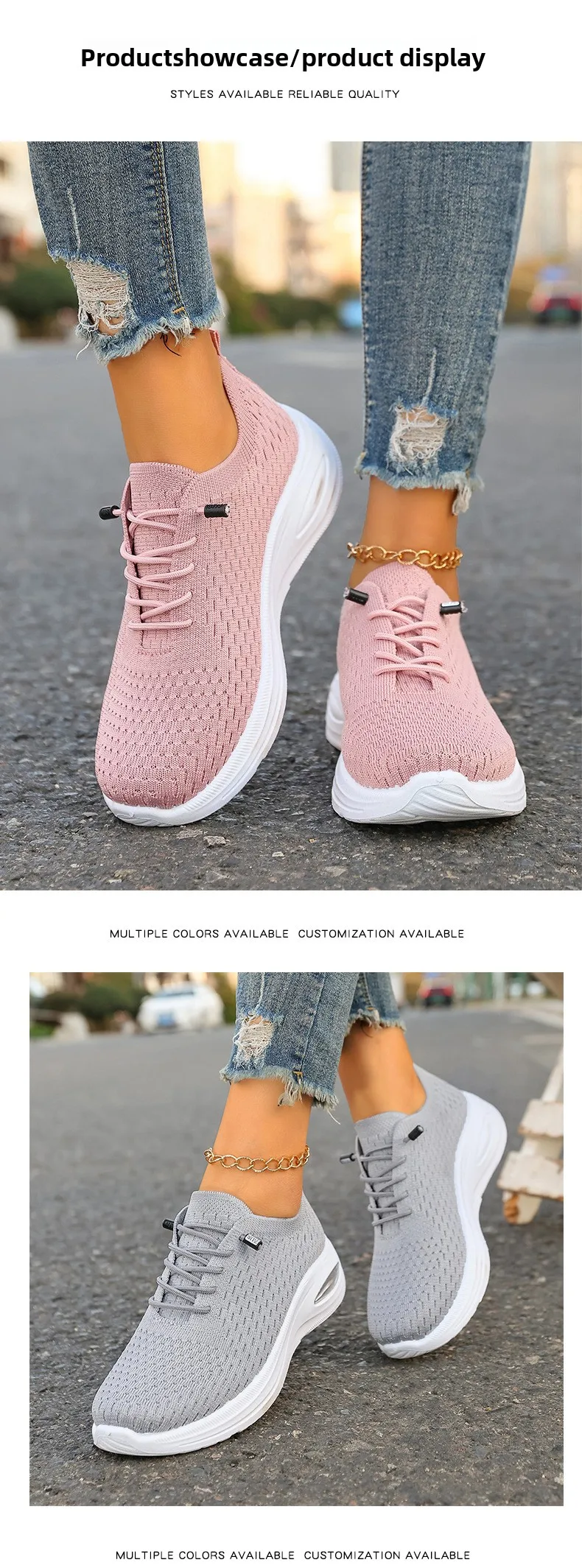 Damen-Strick-Mesh-Sneaker mit elastischen Schnürsenkeln ohne Binden, Luftpolster, dicker Sohle, leichten, rutschfesten Freizeitschuhen für Outdoor-Aktivitäten. – Detail 6