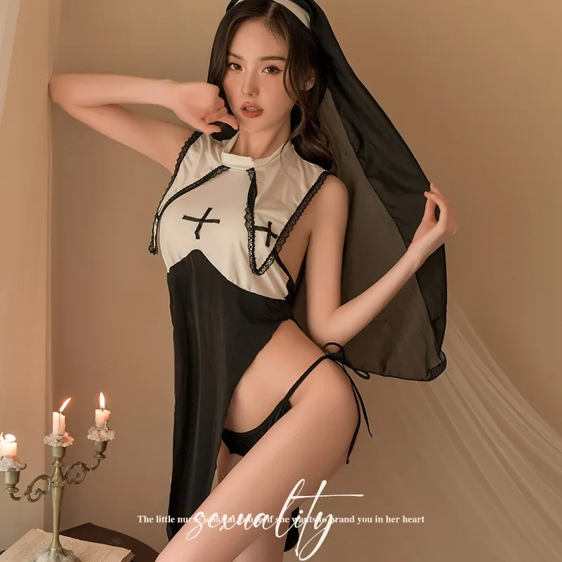 Set lingerie seksi, kostum imut imitasi biarawati, set piyama seksi untuk wanita, pakaian tidur seksi dewasa.