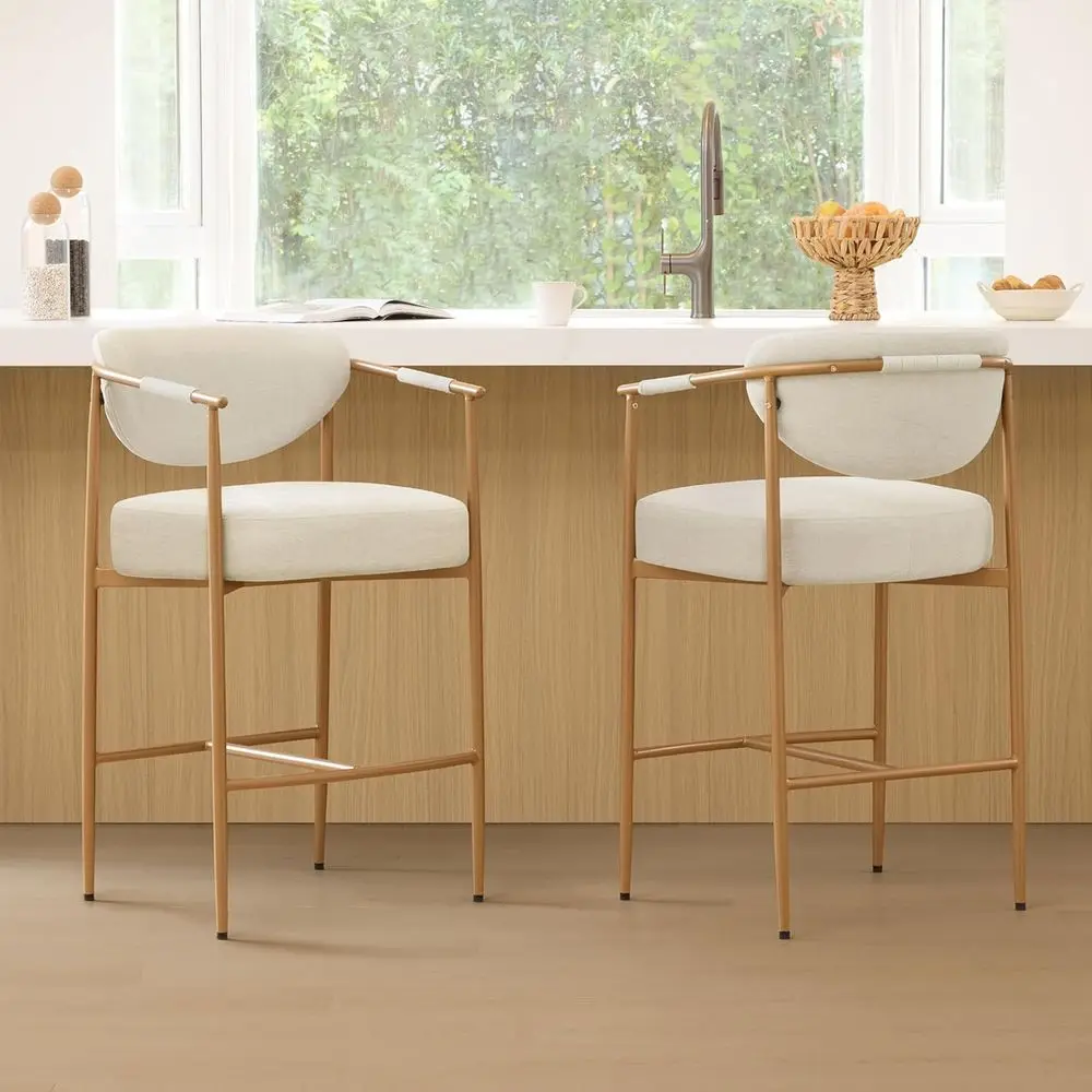 

Upholstered Counter Height Bar Stools Set of 2 with Arms, Metal Legs, 27 Seat Height, Linen Fabric