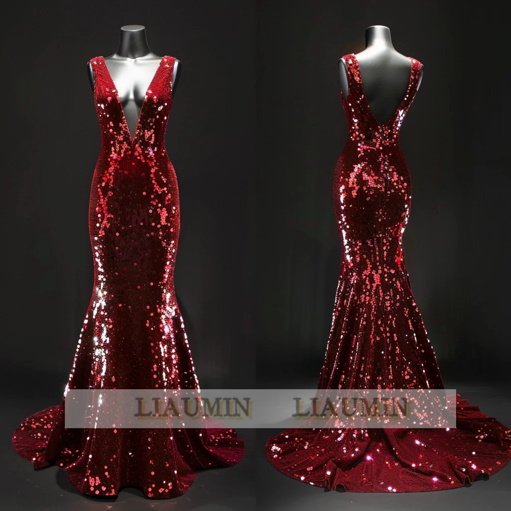 

Red Sequin Sparkly V Neck Mermaid Backless Full Length Evening Dress Brithday Party Princess Prom Skirt Women Custom W14-2.11