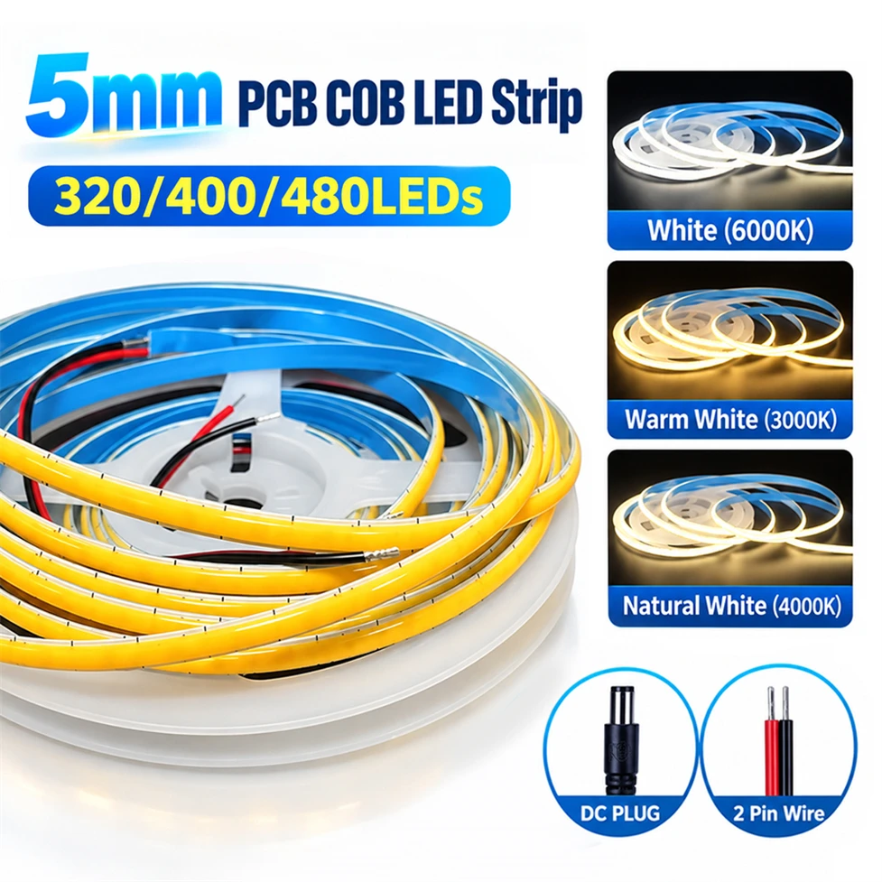 DC12V/24V 5mm COB Light Strip 320/400/480LEDs 2Pin Wire/ DC Plug 0.5m-5m High Density Flexible Tape Living Room Bedroom Lighting