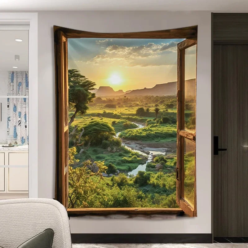 Tropical Beach Paradise Window Mural Wallpaper Waterproof Wall Decal Ocean View Palm Leaves Home Decor