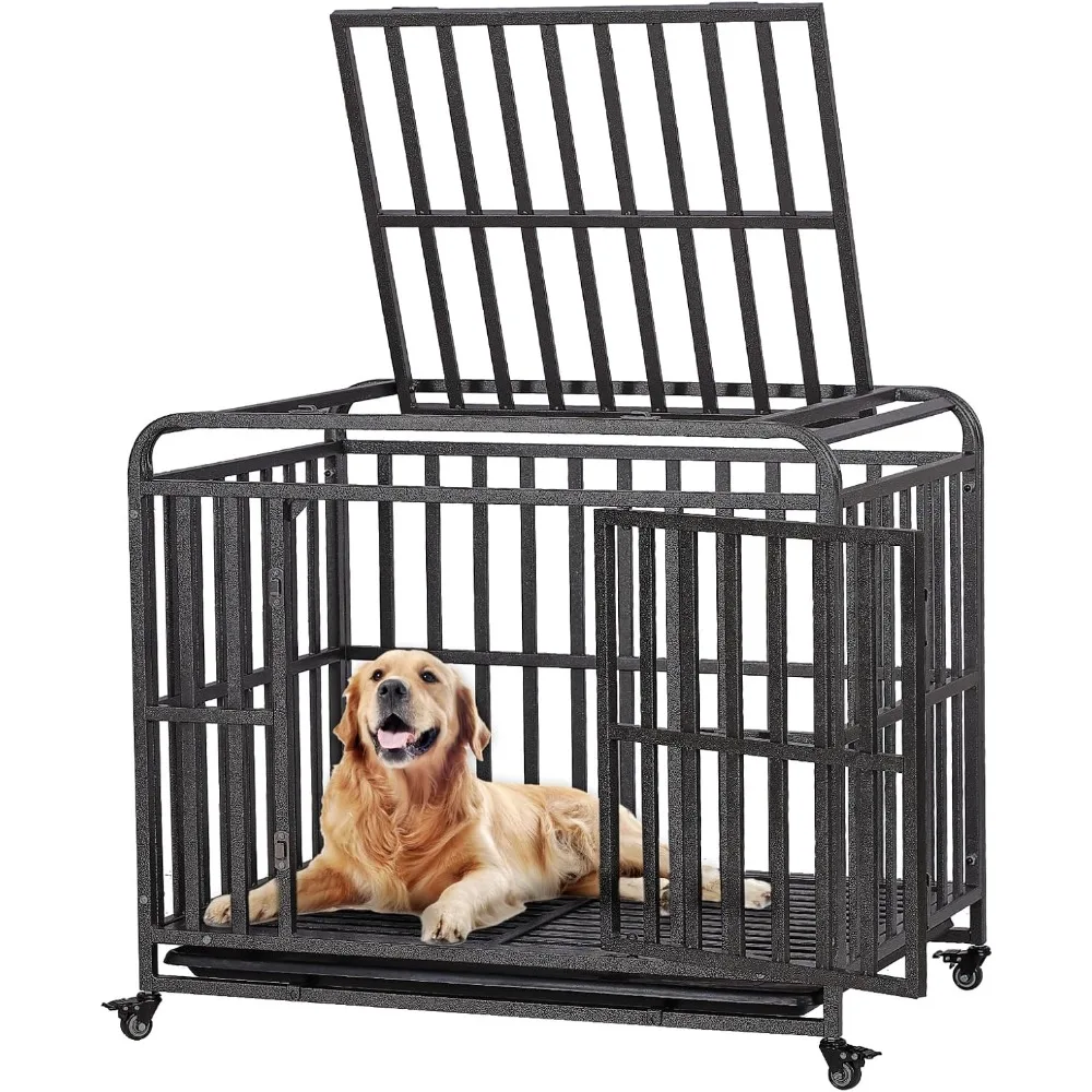 

Heavy duty dog cage steel dog cage, escape proof double door kennel with 360° lockable wheels, dome design, removable tray