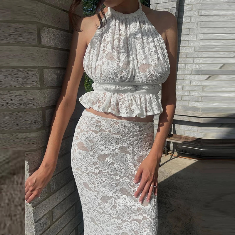 

Sexy Halter Sleeveless Top and Long Skirt Two Piece Set Lace Embroidery Backless Club Party Suit Lady Elegant Ruffle Slim Outfit