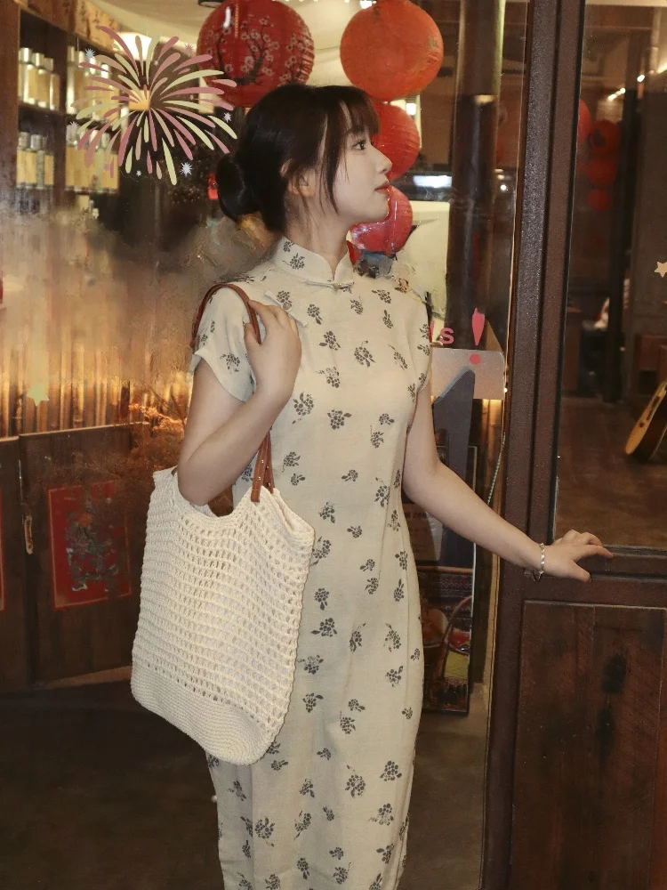 

Новое китайское платье-миди для молодых женщин, цельное, в традиционном стиле, для повседневной носки, дышащее, с коротким рукавом