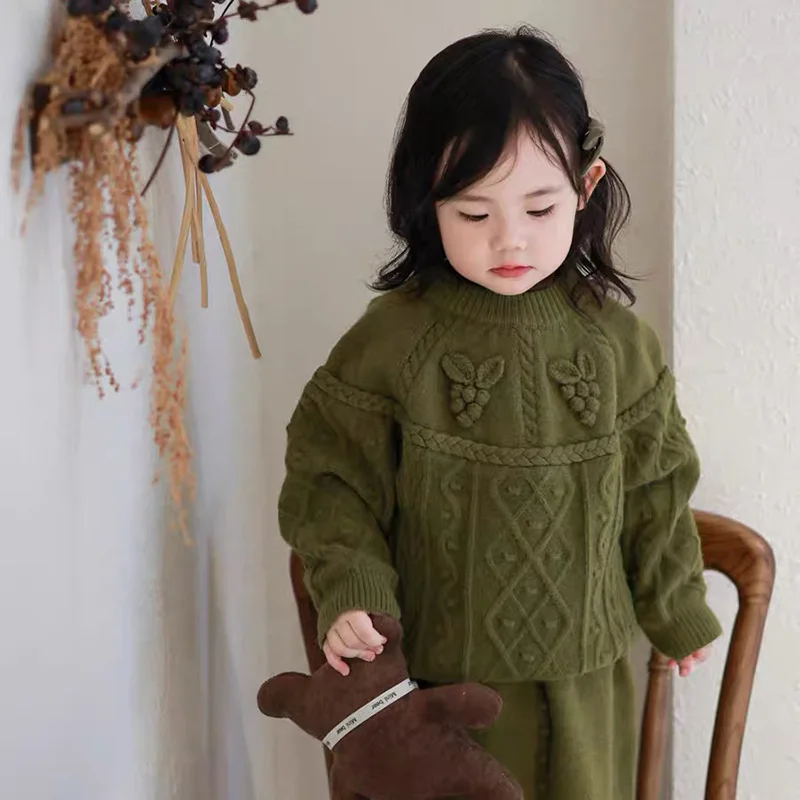 Korean Style Autumn Baby Girls Clothes Two Pieces Green Fruit Print Pullover Knitted Sweaters Dotted Ankle Length Skirts