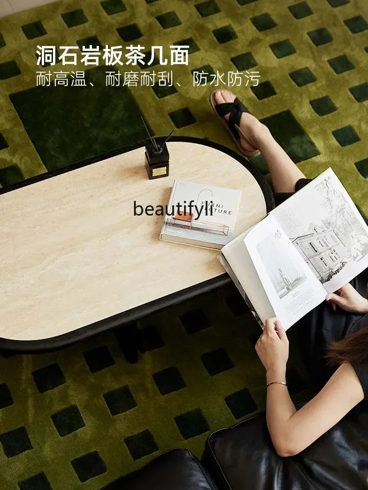 

A16 yh Coffee table movable living room, rock slab small tea table household balcony multi-functional, division oval tea table
