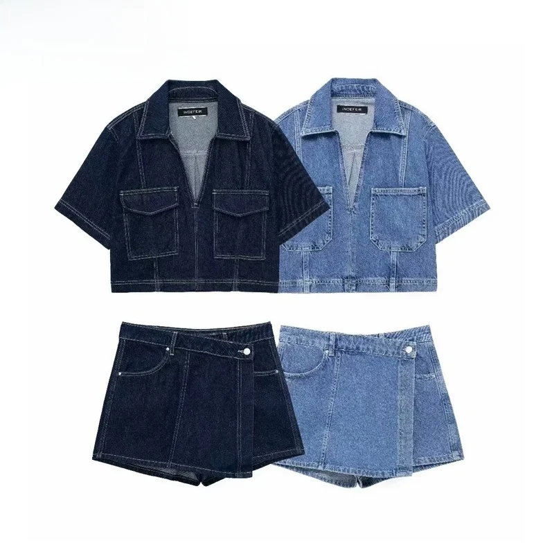 

Новый летний женский комплект Faion ort Denim irt, двубортная юбка и брюки, комплект из полиэстера, спецодежда, школьный orm
