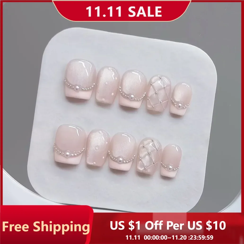 

10 шт. ручной работы с розовым жемчужным цепочкой в горошек и ромбовидной сеткой, нежный сладкий кошачий глаз, французская одежда, ногти для женщин и девочек, повседневная одежда