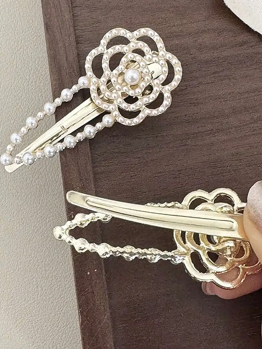 

Gold-Tone Camellia Barrette With Multi-Layer Faux Pearl Petals And Beaded Stem For School, Party, Summer Or Travel