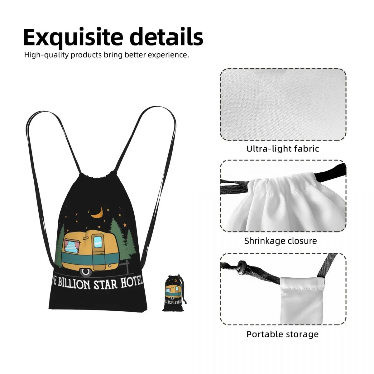 Camping Happy Camper Drawstring Backpack Sports Gym Bag Portable Travel Drawstring Bag for Men Women