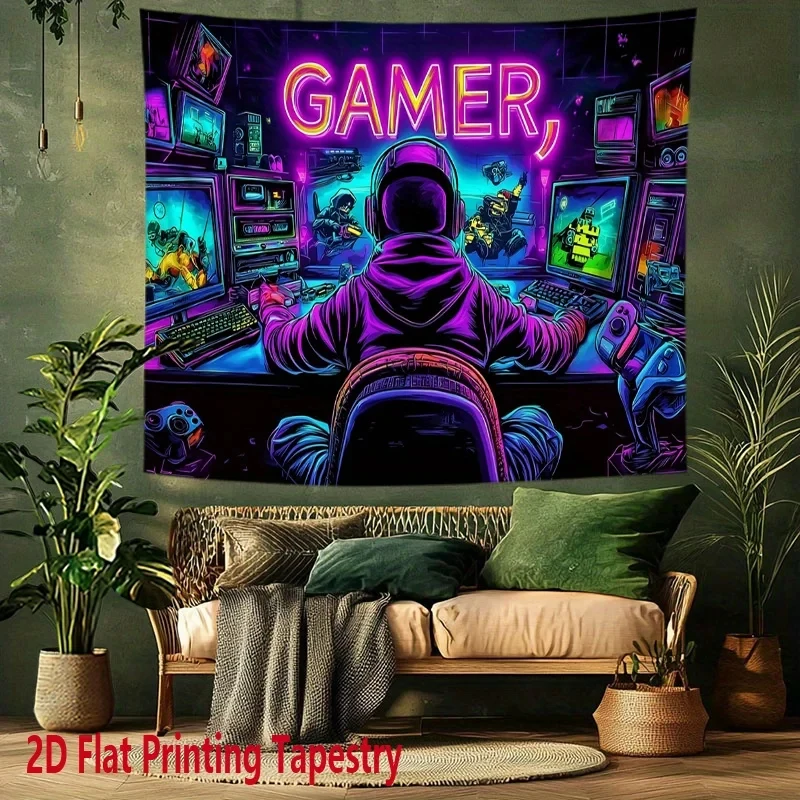 VIKAMA Neon Gamer Tapestry, Purple Blue Gaming Wall Hanging with Gamer Boy & Screens for Bedroom & Gaming Room