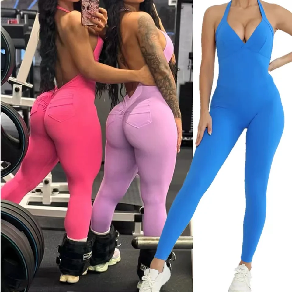 

Pad Halter V Scrunch Romper Women One Piece Jumpsuit Workout Yoga Set Open Back Gym Clothing Scrunch Proof Butt Gym Active Suit