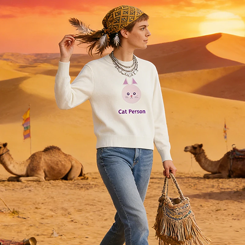 Women's Gothic Harajuku Knitted Bandwagon Crew Neck Cat Embroidery Sweater Loose Autumn Winter New Style Lazy Style Knitted Top