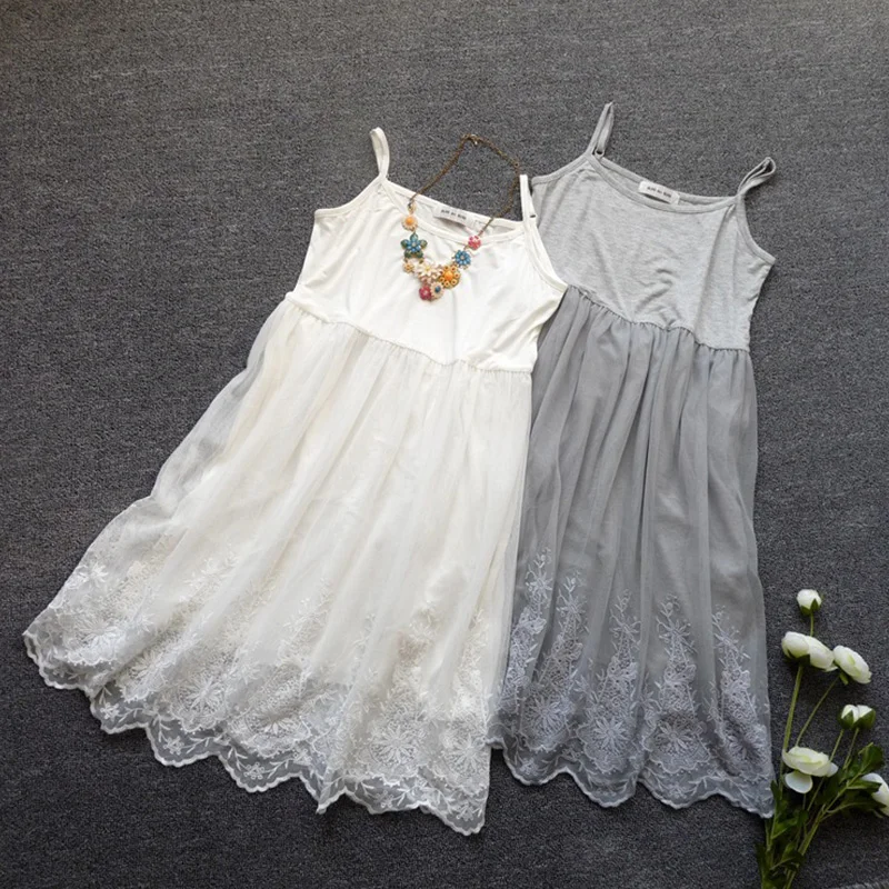 Summer Casual Sweet Floral Embroidery Lace Dress Women Sleeveless Sweet Modal Lace Layer Yards Inside Mori Girl Strap Dress U515