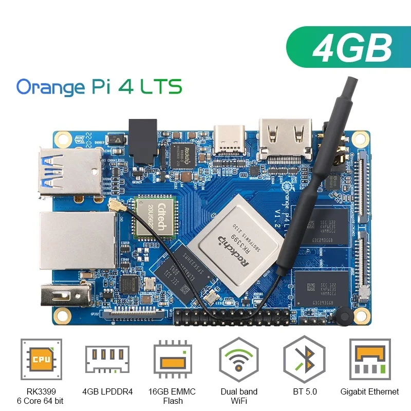 New Orange Pi 4 LTS 4GB LPDDR4 16GB EMMC Rockchip RK3399 Wifi + BT5.0 Gigabit Optional Case Power Supply Heatsinks for OPI 4 LTS