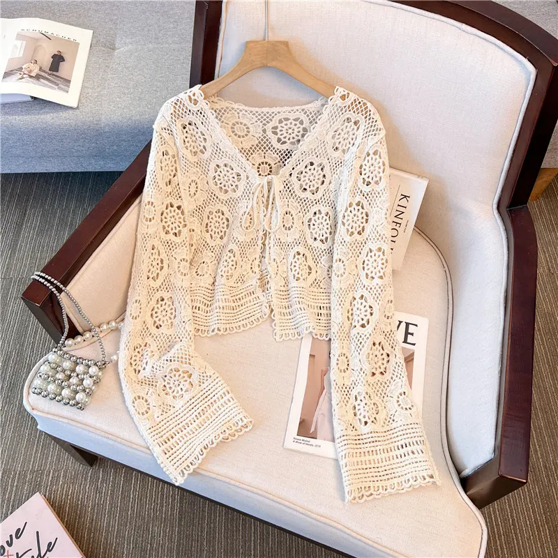 Boho Floral Lace Knit Cardigan for Women Hollow-out Crochet Blouse with Tie Knot Summer Spring Beach Cover Up Cottagecore