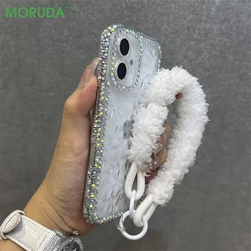 Water Ripple Shiny Diamonds Case for iPhone 16 15 14 13 12 11 Pro Max 7 8 Plus X XR Xs Max SE Plush Lanyard Glitter Soft Cover