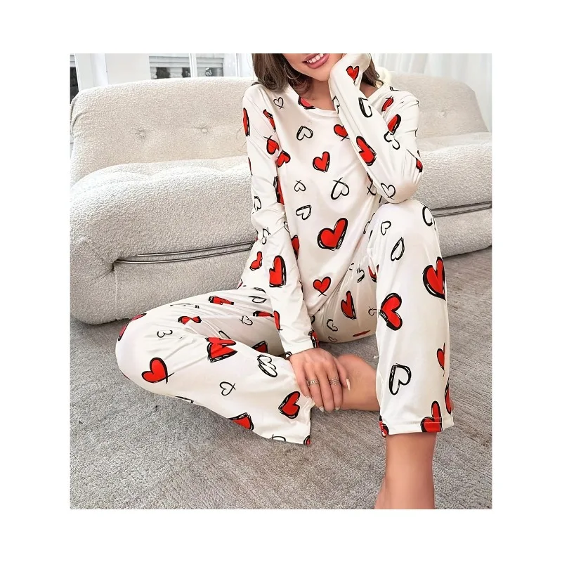 

Женский пижамный комплект с принтом сердца, топ с длинными рукавами и брюки, одежда для сна, комплект из 2 предметов для женщин, повседневный костюм, одежда для дома, осень